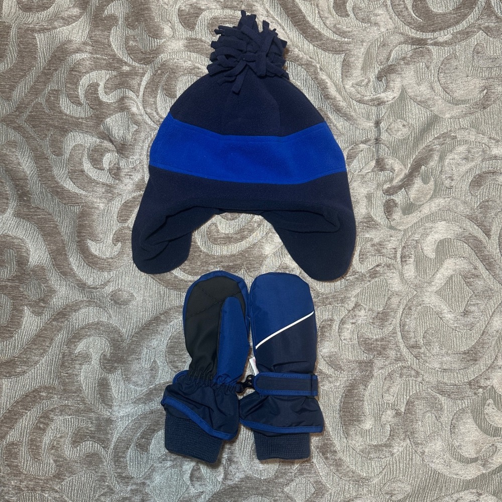 The Childrens Place Boys Navy Blue Fleece Trapper Hat and Mittens Set